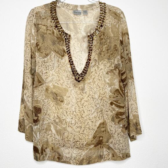 CHICO'S Silk Rhinestone Bead Embellished Sheer Tunic Blouse Top Womens Medium - Picture 8 of 8